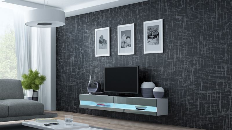 Komodinë TV Cama Meble RTV Vigo New 180, 180cm, e bardhë gri me shkëlqim