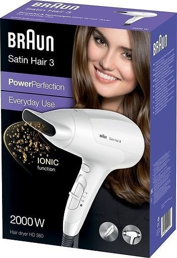 Tharëse flokësh Braun Satin Hair 3 PowerPerfection HD380, 2000W, funksion jonik, e bardhë