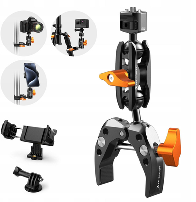 Kllampë fotografike K&amp;F Concept MS13, crab clamp me krah magjik, universale, e zezë me portokalli
