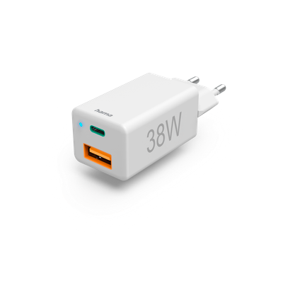Karikues i shpejtë Hama, 1x USB-C PD, 1x USB-A QC, mini karikues, 38 W, i bardhë
