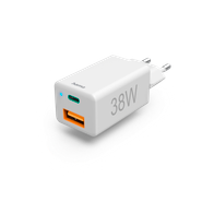 Karikues i shpejtë Hama, 1x USB-C PD, 1x USB-A QC, mini karikues, 38 W, i bardhë