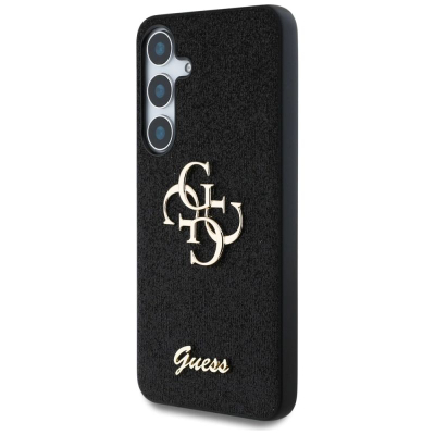 Kejs telefoni Guess Fixed Glitter Big 4G për Samsung S25, lëkurë eco, logo metal, i zi