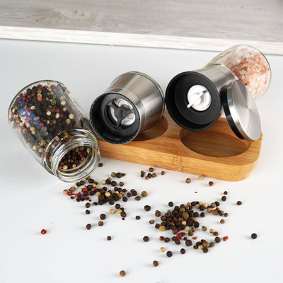 Set mullinjsh për erëza, mekanizëm qeramike, me bazë bambuje, xham dhe çelik inox