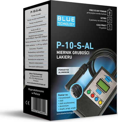 Matës trashësie boje Blue Technology P-10-S-AL, për çelik dhe alumin, ekran me ndriçim, blu