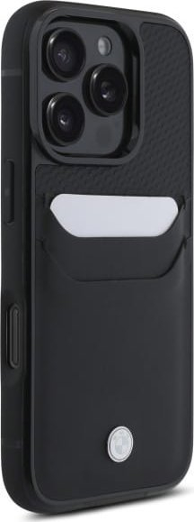 Futrollë telefoni BMW Sign për iPhone 16 Pro Max, lëkurë, xhep kartash, e zezë