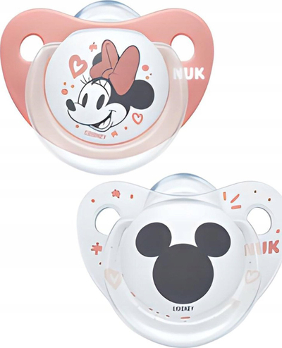 Biberon qetësues NUK Disney Mickey, silikon, 0–6 muajsh, set me 2 copë, rozë me të bardhë