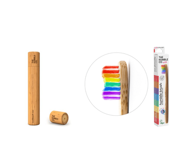 Set nga The Humble Co. - Kuti për brushë 100% bambu, për fëmijë + Brushë me fije shumë të buta bambu, versioni "Proud", për fëmijë