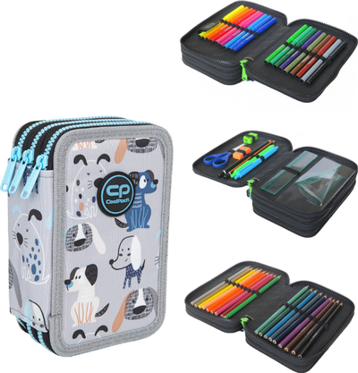 Kuti lapsash CoolPack Jumper 3 Doggy, me 3 ndarje, me të gjitha mjetet, gri me qenushë