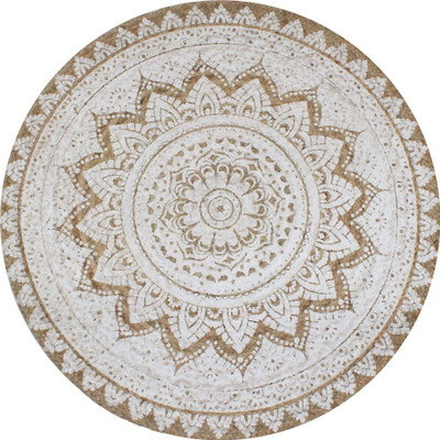 Kilim rrethor Area Rug Braided Jute, prej jute, dizajn Mandala, bezhë e bardhë