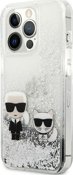 Kapak telefoni Karl Lagerfeld Liquid Glitter Karl and Choupette për iPhone 13 Pro Max, transparent, argjend