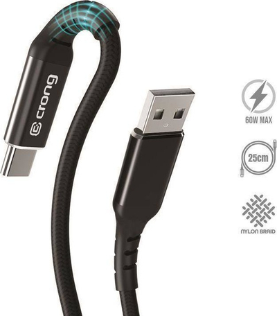 Kabllo USB Crong CRG565, USB A në USB C, 0.25m, 60W, e zezë