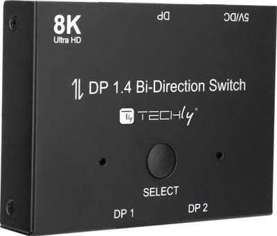 Ndarës DisplayPort Techly Bidirectional Switch 8K DP1.4, 2 në 1 ose 1 në 2, i zi