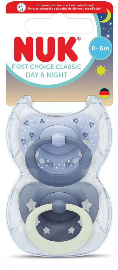 Biberon ortodontik NUK First Choice Classic Night, 0-6 muajsh, set me 2 copë, gri dhe blu