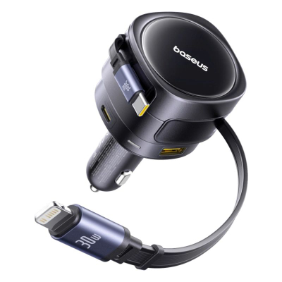 Karikues makine Baseus, 90W PD, 1x USB-C 1x USB-A, me kabllo USB-C dhe Lightning, i zi