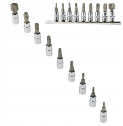 Set bite TORX GEKO, 9 copë, 1/4", T10–T60, ngjyrë argjendtë