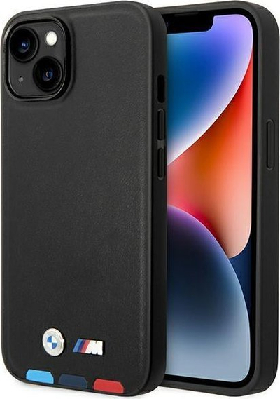 Kapak telefoni BMW Leather Stamp Tricolor për iPhone 14 Plus 6.7", lëkurë, i zi