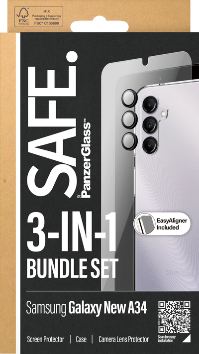 Set mbrojtës SAFE by PanzerGlass për Samsung Galaxy A35 5G, xham ekrani, maskë dhe mbrojtës kamere, transparent
