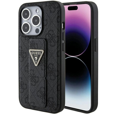 Kapak telefoni Guess Grip Stand 4G Triangle Strass, për iPhone 15 Pro 6.1", i zi