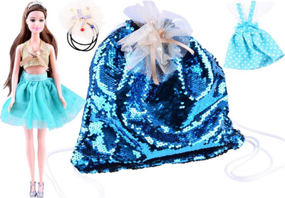 Kukull Emily ZA3542, 31cm, me çantë shpine dhe fustan rezervë, blu