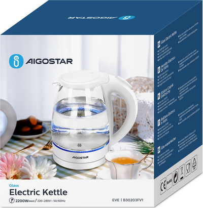 Ibrik elektrik xhami Aigostar Eve B30203FV1, 1.7L, 2200W, i bardhë