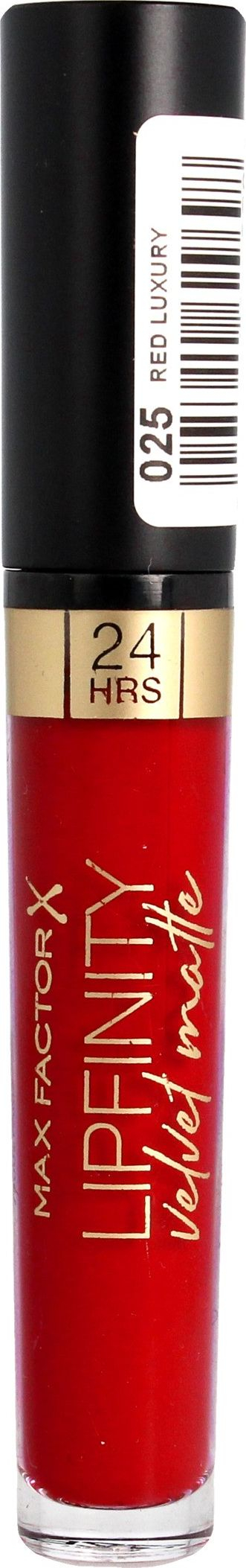 Buzëkuq i lëngshëm Max Factor Lipfinity Velvet Matte 025 Red Luxury, mat, 4 ml, i kuq