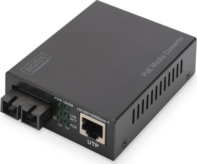 Konvertues media PoE Digitus Gigabit, RJ45 në SC, fibër MM, i zi