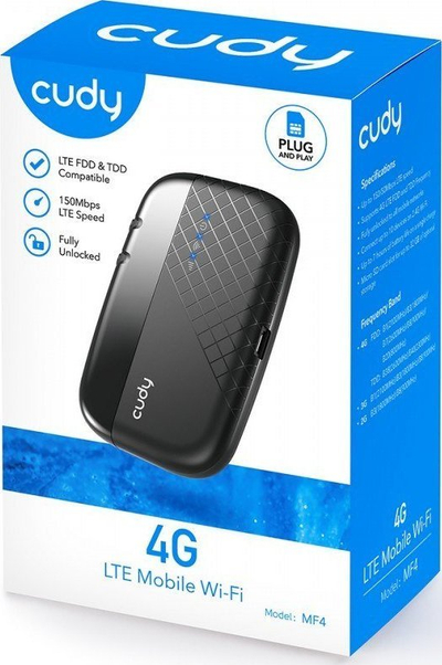 Modem portabël Cudy MF4, 4G LTE 150Mbps, Wi‑Fi për deri në 10 pajisje, i zi