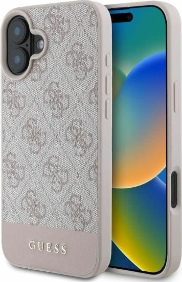 Mbulesë telefoni Guess GUHCP16SG4GLPI për iPhone 16, 4G PU Bottom Stripe, rozë