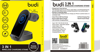 Karikues wireless Budi 3 në 1, 15W, USB-C, i zi