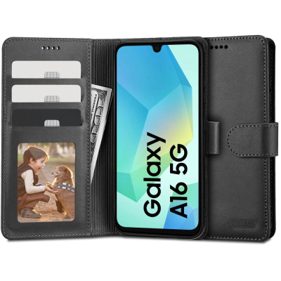 Këllëf-portofol Tech-Protect Wallet për Galaxy A16 4G 5G, lëkurë eco, me këmbesë, i zi