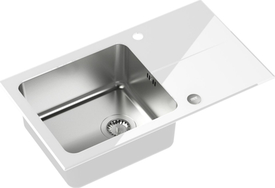 Lavabo kuzhine HUGH Glass, 77x44 cm, qelq i temperuar, e bardhë me bateri