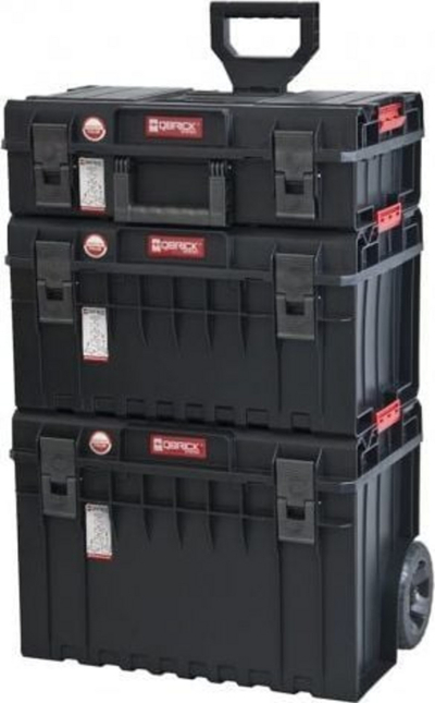 Сет модуларна количка за алат Qbrick System One Cart Basic Set 2, 3 кутии, телескопска рачка, црвена