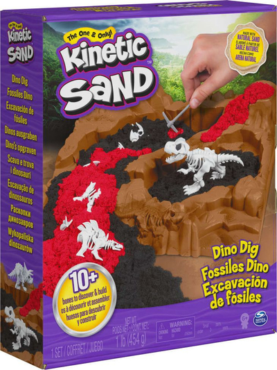 Set lodër Kinetic Sand Dino Dig, 454g, mbi 10 kocka dinosauri, me ngjyra të ndryshme