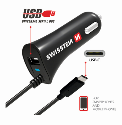 Karikues makine Swissten, USB-C, USB 2.4A, e zezë