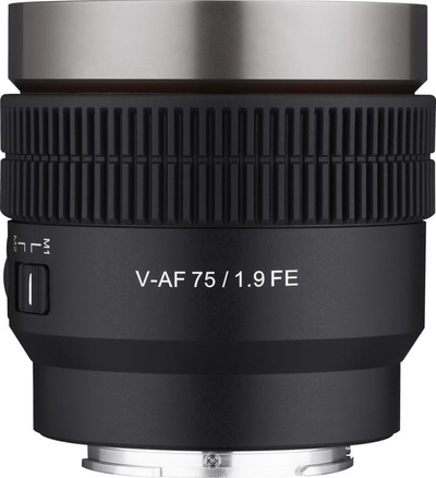 Objektiv Samyang V-AF 75mm f/1.9 për Sony E, me fokus automatik, cine, i zi