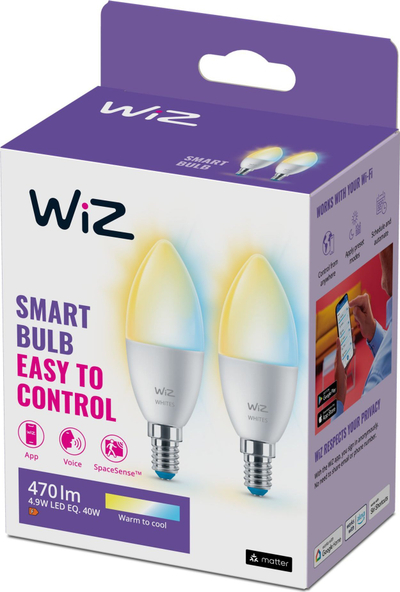 Llambë e zgjuar WiZ Candle C37 E14, 4.9W, 470 lm, dritë e bardhë nga e ngrohtë në të ftohtë, set me 2 copë