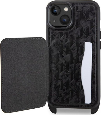 Mbulesë telefoni Karl Lagerfeld Crossbody Ikonik për iPhone 14, lëkurë Saffiano, me rrip shpatulle, e zezë