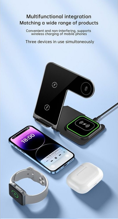 Karikues wireless 3 në 1 VEGER Y9, Qi 20W, gri
