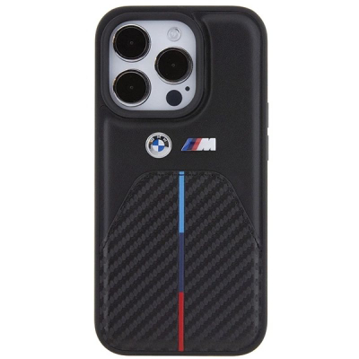 Këllëf telefoni BMW Stamped Tricolour Stripe për iPhone 15 Pro 6.1", karbon, i zi