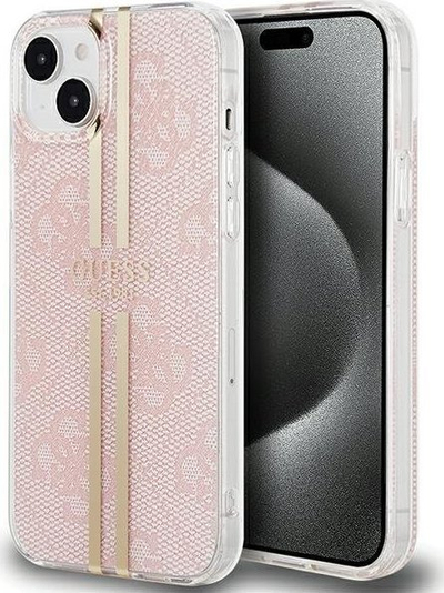 Kuti telefoni Guess IML 4G Gold Stripe për iPhone 15 14 13, hardcase TPU PC, rozë