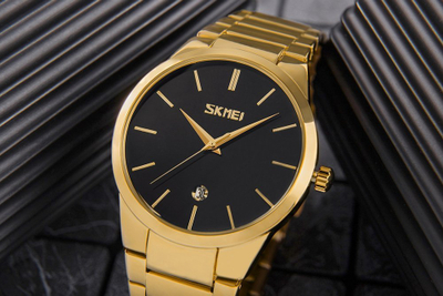 Orë dore Skmei 9140GDBK për burra, analoge, metal, e zezë
