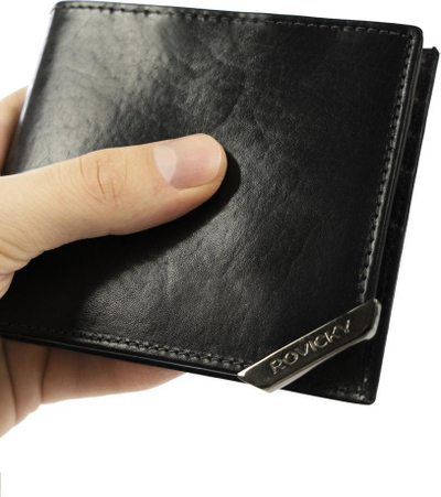 Portofol meshkujsh Rovicky, lëkurë natyrale, RFID, i zi