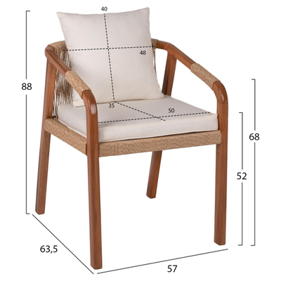 Karrige druri teak me litar & jastëkë 57×63.5×75–88 cm (HM9456.01)
