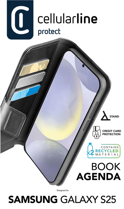 Футрола за телефон Cellularline Book Agenda за Galaxy AI S25, со капак, црна