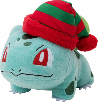 Peluç Pokemon Jazwares Bulbasaur për Krishtlindje, edicion festiv, jeshil me kapelë të kuqe