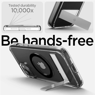 Kapak telefoni Spigen Ultra Hybrid S MagSafe, për iPhone 15 Plus, me këmbëz për me e ngrit në këmbë, transparent e zi