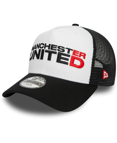 Kapelë Manchester United New Era Wordmark Trucker, për fëmijë, e zezë e bardhë