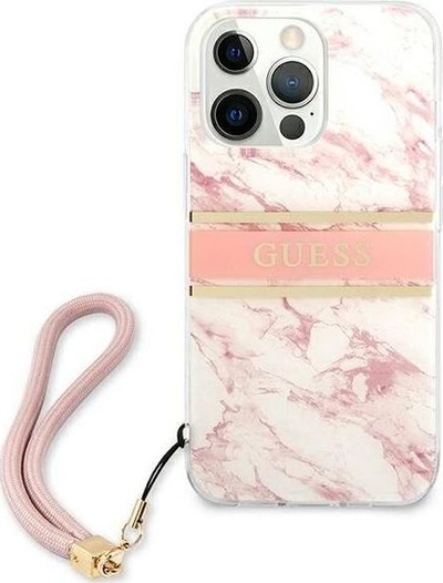 Mbulesë telefoni Guess Marble Stripe për iPhone 13 Pro Max, siliconi, me rrip dore, rozë