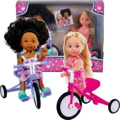 Set kukulla Simba Evi Love Friends On Bicycles, 2 kukulla 12 cm, me tricikleta, shumëngjyrëshe