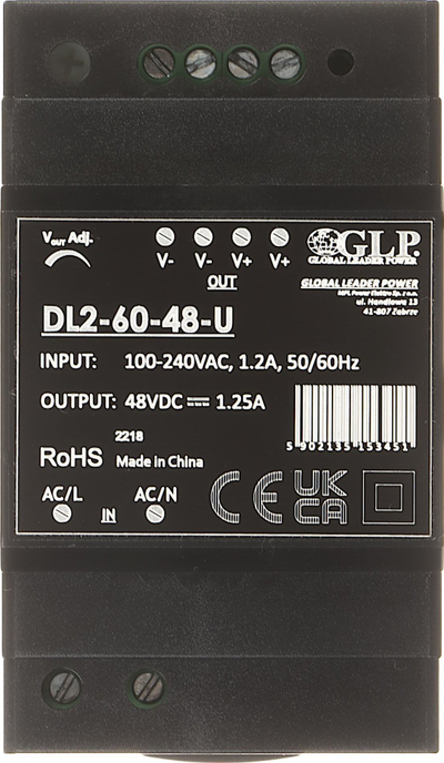 Furnizues energjie për shinë DIN DL2-60-48-U, 48V DC rregullueshëm, 60W, gri